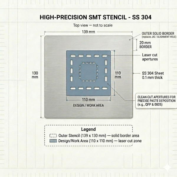 SMT PCB Stencil – SS 304 Stainless Steel | 0.1mm Thickness | 110mm Design Area