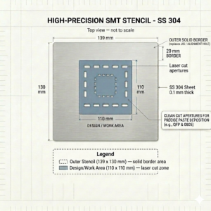 Tarangify-SMT-PCB-Stencil.png SMT PCB Stencil – SS 304 Stainless Steel | 0.1mm Thickness | 110mm Design Area